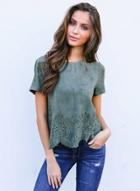 Oasap Round Neck Short Sleeve Solid Color Hollow Out Tee Shirt