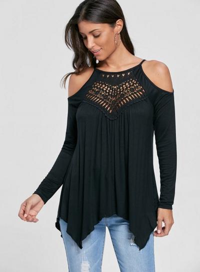 Oasap Round Neck Long Sleeve Hollow Out Tees