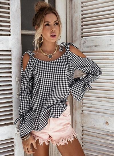 Oasap Plaid Off Shoulder Long Sleeve Bow Blouse