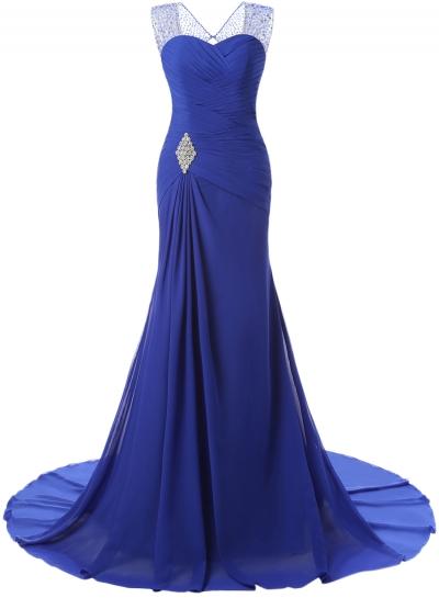 Oasap Women's V Neck Ruffled Rhinestone Trim Prom Dress