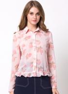 Oasap Floral Print Vintage Flounce Trim Chiffon Shirt