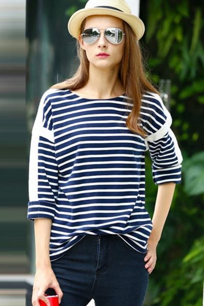 Oasap Classic Stripe Round Neck Three Quarter Sleeve Tee