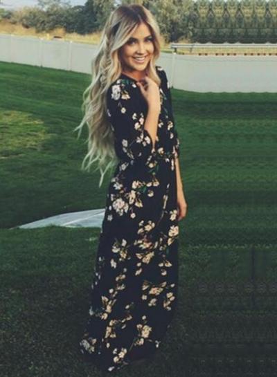 Oasap Boho Long Sleeve Floral Maxi Chiffon Dress