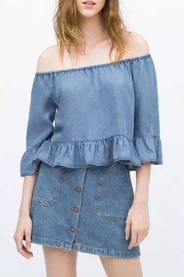 Oasap Sweet Off Shoulder Flounce Denim Blouse