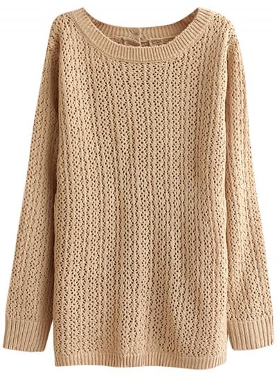 Oasap Women's Long Sleeve Back Slit Knitted Hollow Out Sweater