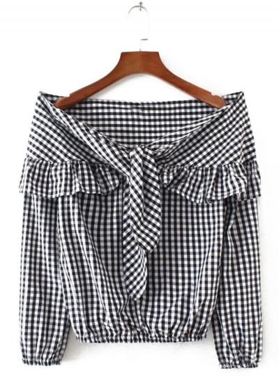 Oasap Slash Neck Long Sleeve Plaid Printed Blouse