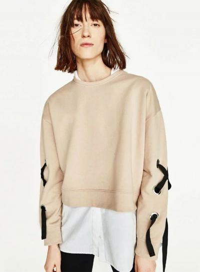 Oasap Round Neck Lace Up Sleeve Solid Sweatshirt