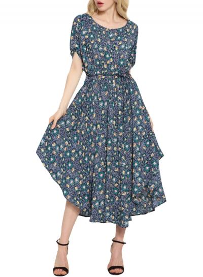 Oasap Women's Floral Print Round Neck Asymmetrical Hem Maxi Dress