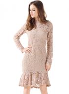 Oasap Round Neck Long Sleeve Lace Flounce Hem Dress