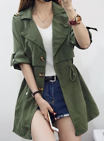 Oasap Solid Rolled Sleeve Single Breasted Trench Coat