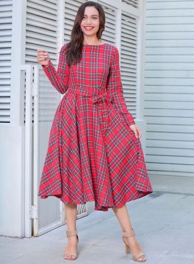 Oasap Round Neck Long Sleeve Plaid Midi Dress With Belt