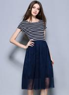 Oasap Fashion Short Sleeve Stripe A-line Dress