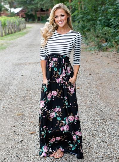 Oasap Striped Floral Skirt Maxi Dress With Tie Waist