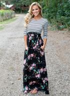 Oasap Striped Floral Skirt Maxi Dress With Tie Waist