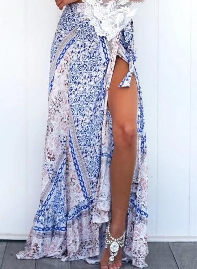 Oasap Bohemian Tie Waist High Slit Irregualr Maxi Skirt