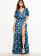 Oasap Deep V Neck Short Sleeve Floral Print High Slit Maxi Dress