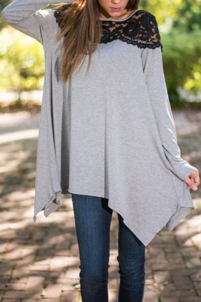 Oasap Grey Lace Paneled Asymmetrical Hem Tee