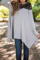Oasap Grey Lace Paneled Asymmetrical Hem Tee