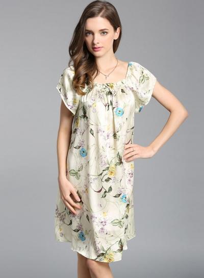 Oasap Printed Pure Mulberry Silk Short Sleeve Nightgown