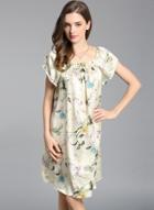 Oasap Printed Pure Mulberry Silk Short Sleeve Nightgown