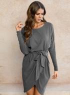 Oasap Solid Color Long Sleeve Round Neck Slim Dress