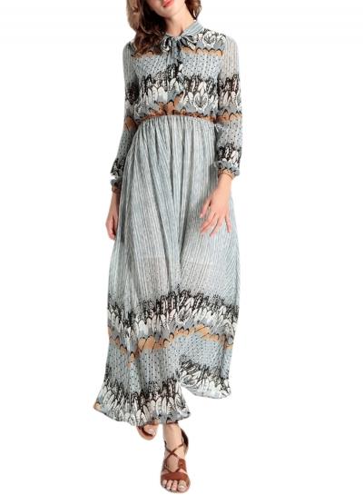 Oasap Women's Bow Tie Collar Long Sleeve Elastic Waist Print Maxi Dress