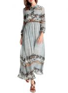 Oasap Women's Bow Tie Collar Long Sleeve Elastic Waist Print Maxi Dress