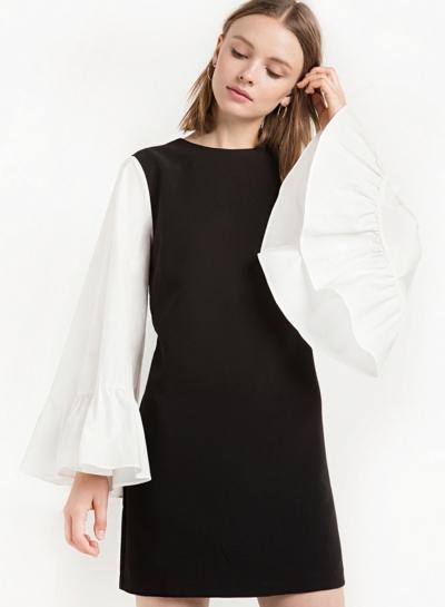 Oasap Women's Color Block Ruffled Bell Sleeve Dress