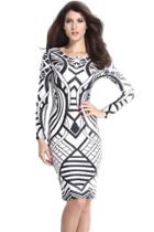 Oasap Tribal Aztec Black White Tight-fitting Midi Dress