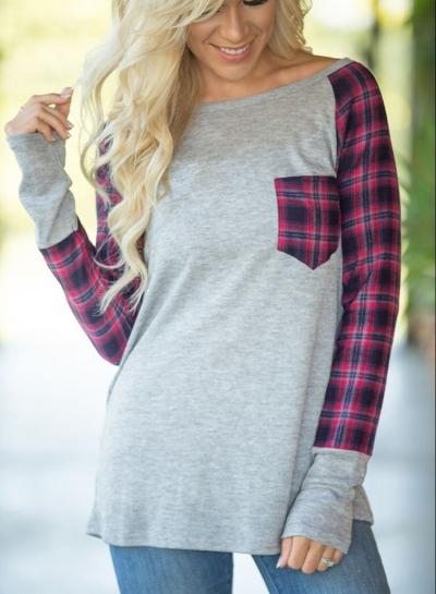 Oasap Plaid Sleeve Color Block Knit Tee Shirt With Pocket