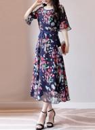 Oasap Floral Print Flare Sleeve Dress With Belt