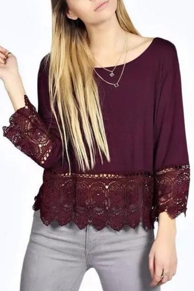Oasap Chic Crochet Lace Round Neck Long Sleeve Tee