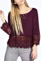 Oasap Chic Crochet Lace Round Neck Long Sleeve Tee