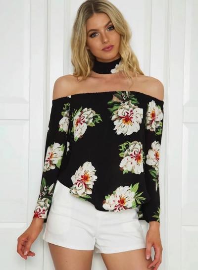 Oasap Off Shoulder Long Sleeve Floral Printed Blouse With Neckwear