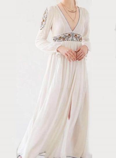 Oasap V Neck Floral Embroidery Maxi Dress