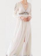 Oasap V Neck Floral Embroidery Maxi Dress