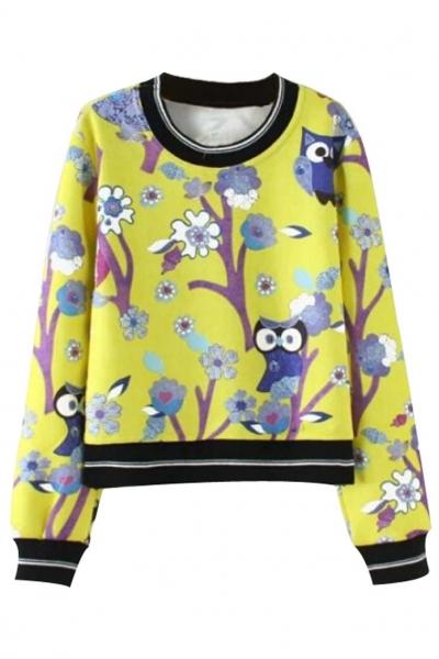 Oasap Cute Owl Pattern Yellow Sweatshirt