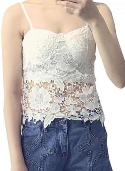 Oasap Women's Floral Lace Trim Spaghetti Strap Slim Fit Top