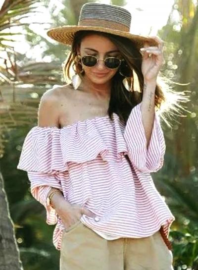 Oasap Striped Off Shoulder Ruffle Blouse