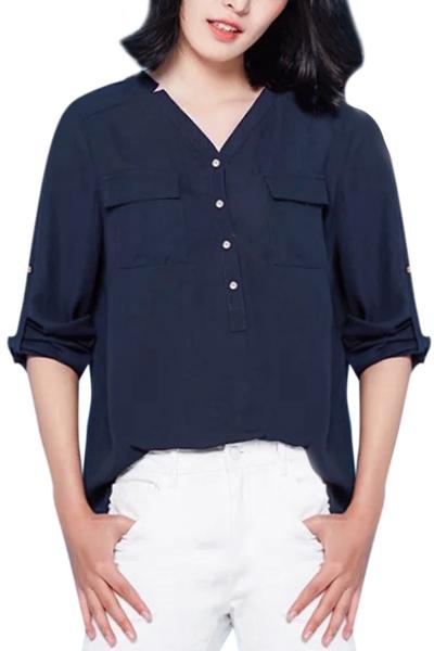 Oasap Women's Fashion V Neck Buttons Front Pullover Chiffon Blouse
