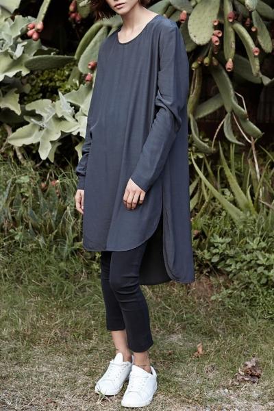 Oasap Solid Color Long Sleeve High-low Blouse