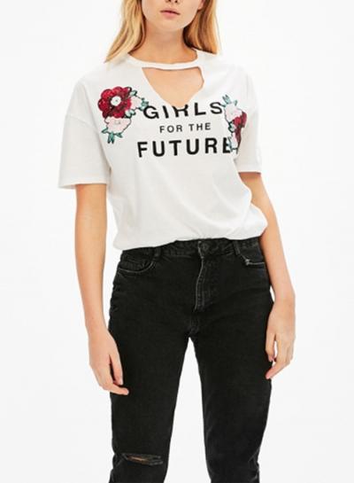 Oasap Floral Printed Choker Neck Short Sleeve Tee
