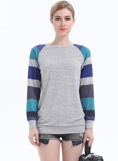 Oasap Round Neck Colorful Striped Splicing Tee Shirt