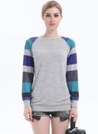 Oasap Round Neck Colorful Striped Splicing Tee Shirt