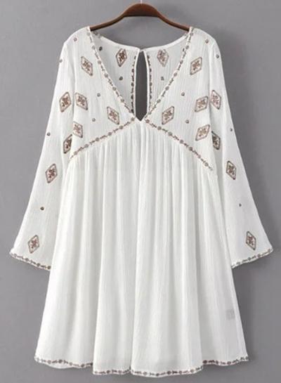Oasap V Neck Embroidery Backless Loose Fit Dress