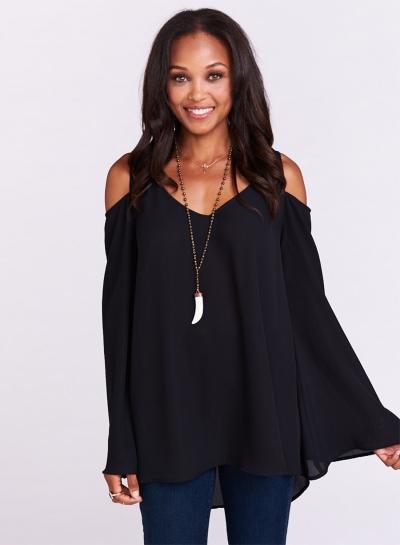 Oasap Off Shoulder Long Sleeve High Low Chiffon Blouse