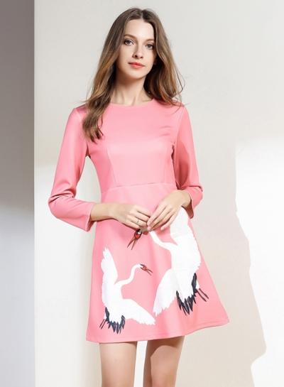 Oasap Crane Print Round Neck A-line Dress