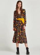 Oasap V Neck Long Sleeve Elastic Waist Floral Midi Dress