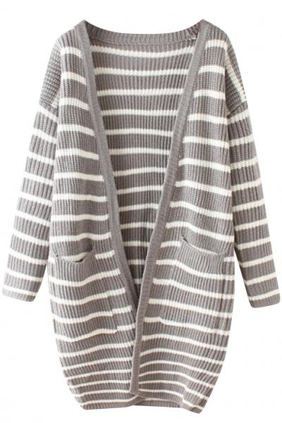 Oasap Stylish Striped Patch Pocket Cardigan