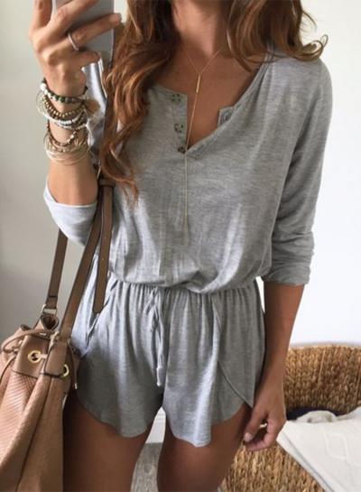 Oasap Long Sleeve Solid Loose Drawstring Waist Romper